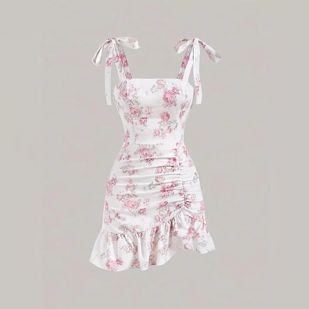 Ruffled Hem Floral Tie-Strap Mini Dress